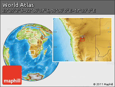 Physical Location Map of the Area around 23° 3' 19" S, 17° 4' 30" E