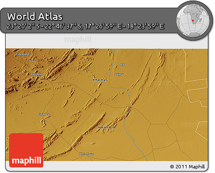 Physical 3D Map of the Area around 23° 3' 19" S, 17° 55' 29" E