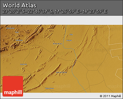 Physical 3D Map of the Area around 23° 3' 19" S, 17° 55' 29" E