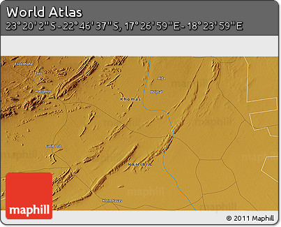 Physical 3D Map of the Area around 23° 3' 19" S, 17° 55' 29" E