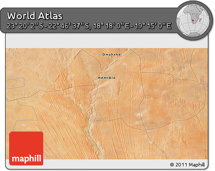 Satellite 3D Map of the Area around 23° 3' 19" S, 18° 46' 29" E