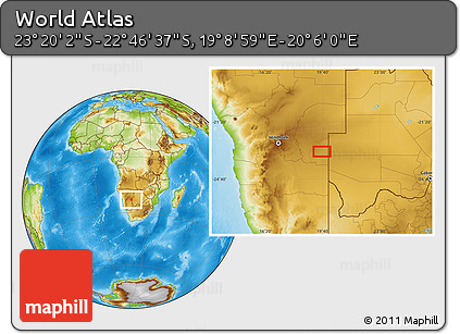 Physical Location Map of the Area around 23° 3' 19" S, 19° 37' 30" E