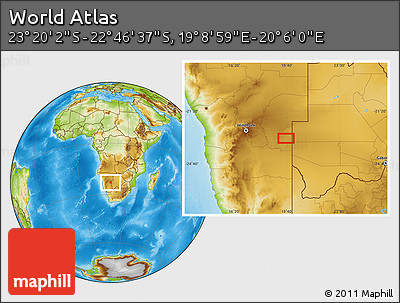 Physical Location Map of the Area around 23° 3' 19" S, 19° 37' 30" E
