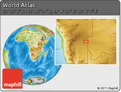 Physical Location Map of the Area around 23° 3' 19" S, 19° 37' 30" E
