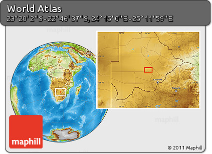 Physical Location Map of the Area around 23° 3' 19" S, 24° 43' 30" E