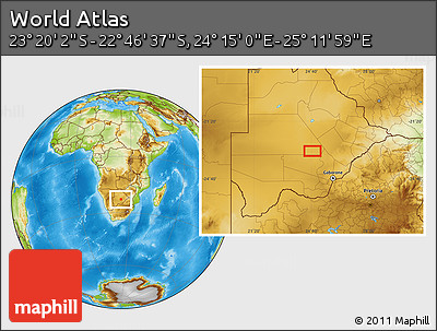 Physical Location Map of the Area around 23° 3' 19" S, 24° 43' 30" E