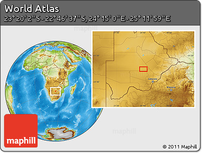 Physical Location Map of the Area around 23° 3' 19" S, 24° 43' 30" E