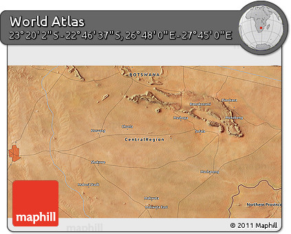 Satellite 3D Map of the Area around 23° 3' 19" S, 27° 16' 29" E