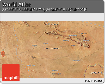 Satellite 3D Map of the Area around 23° 3' 19" S, 27° 16' 29" E
