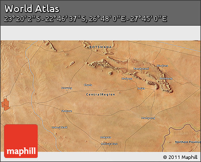Satellite 3D Map of the Area around 23° 3' 19" S, 27° 16' 29" E