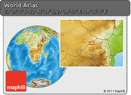 Physical Location Map of the Area around 23° 3' 19" S, 28° 7' 30" E