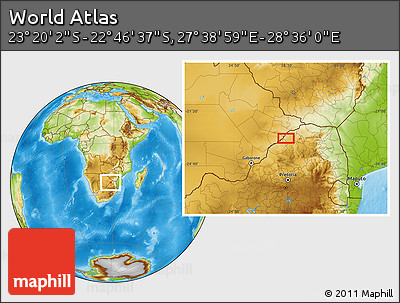 Physical Location Map of the Area around 23° 3' 19" S, 28° 7' 30" E