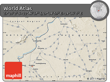 Shaded Relief Map of the Area around 23° 3' 19" S, 28° 7' 30" E