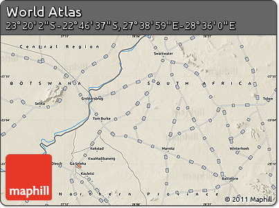 Shaded Relief Map of the Area around 23° 3' 19" S, 28° 7' 30" E