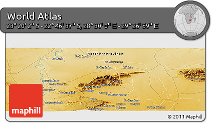 Physical Panoramic Map of the Area around 23° 3' 19" S, 28° 58' 30" E