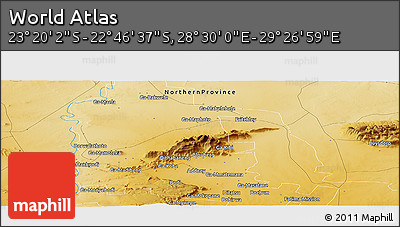Physical Panoramic Map of the Area around 23° 3' 19" S, 28° 58' 30" E