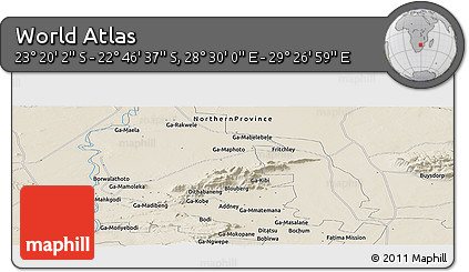 Shaded Relief Panoramic Map of the Area around 23° 3' 19" S, 28° 58' 30" E