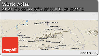Shaded Relief Panoramic Map of the Area around 23° 3' 19" S, 28° 58' 30" E