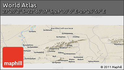 Shaded Relief Panoramic Map of the Area around 23° 3' 19" S, 28° 58' 30" E