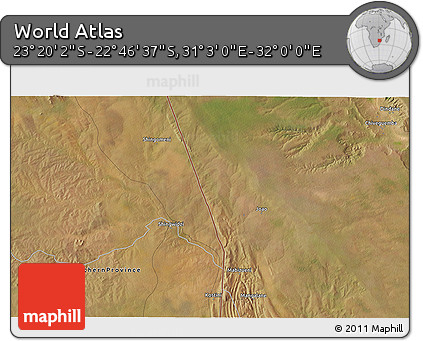 Satellite 3D Map of the Area around 23° 3' 19" S, 31° 31' 29" E
