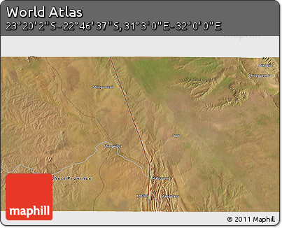 Satellite 3D Map of the Area around 23° 3' 19" S, 31° 31' 29" E