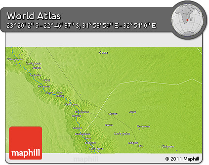 Physical 3D Map of the Area around 23° 3' 19" S, 32° 22' 30" E