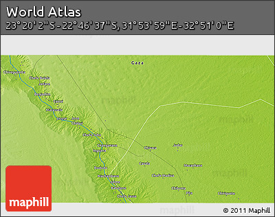 Physical 3D Map of the Area around 23° 3' 19" S, 32° 22' 30" E