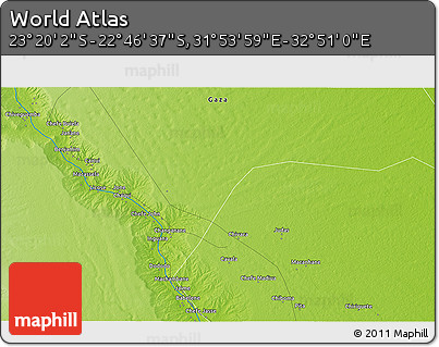 Physical 3D Map of the Area around 23° 3' 19" S, 32° 22' 30" E