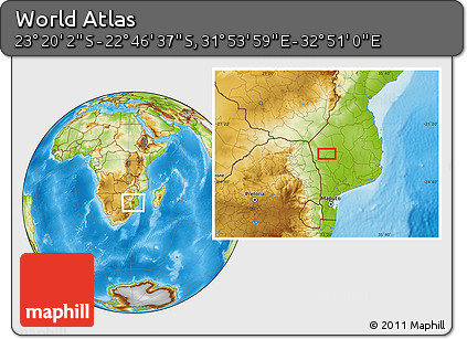 Physical Location Map of the Area around 23° 3' 19" S, 32° 22' 30" E