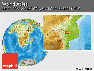 Physical Location Map of the Area around 23° 3' 19" S, 32° 22' 30" E