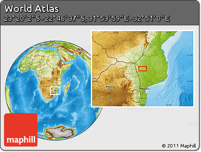 Physical Location Map of the Area around 23° 3' 19" S, 32° 22' 30" E