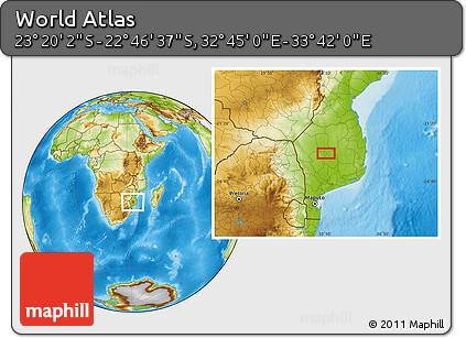 Physical Location Map of the Area around 23° 3' 19" S, 33° 13' 30" E