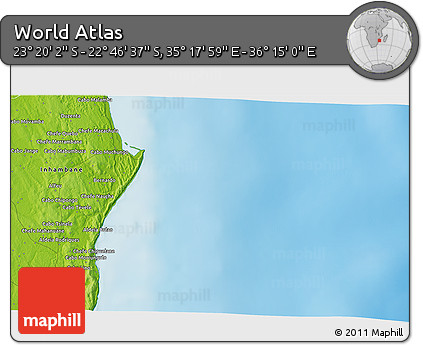 Physical 3D Map of the Area around 23° 3' 19" S, 35° 46' 29" E