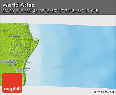 Physical 3D Map of the Area around 23° 3' 19" S, 35° 46' 29" E