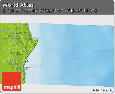 Physical 3D Map of the Area around 23° 3' 19" S, 35° 46' 29" E