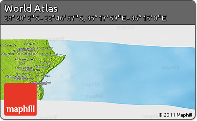 Physical Panoramic Map of the Area around 23° 3' 19" S, 35° 46' 29" E
