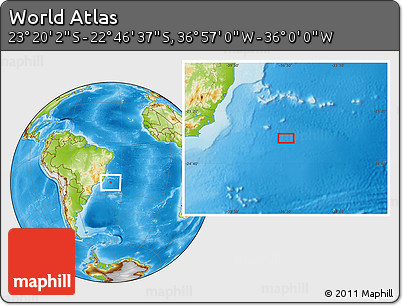 Physical Location Map of the Area around 23° 3' 19" S, 36° 28' 30" W