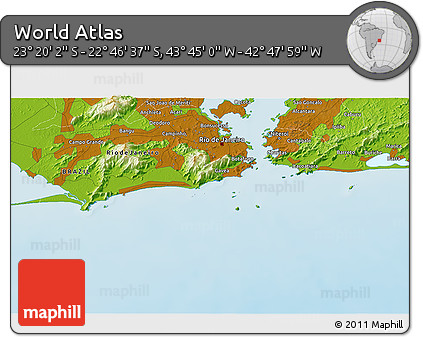 Physical 3D Map of the Area around 23° 3' 19" S, 43° 16' 29" W