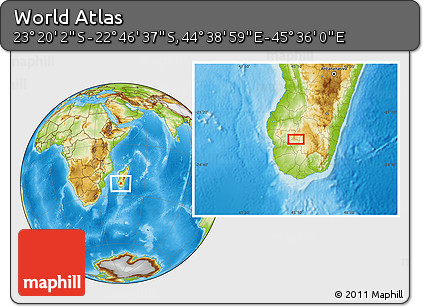 Physical Location Map of the Area around 23° 3' 19" S, 45° 7' 30" E