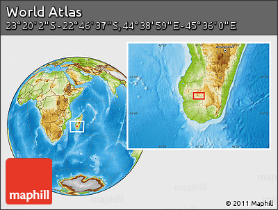 Physical Location Map of the Area around 23° 3' 19" S, 45° 7' 30" E