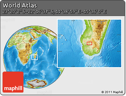 Physical Location Map of the Area around 23° 3' 19" S, 45° 7' 30" E