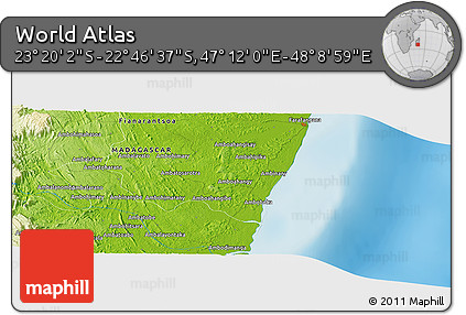 Physical Panoramic Map of the Area around 23° 3' 19" S, 47° 40' 29" E