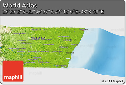 Physical Panoramic Map of the Area around 23° 3' 19" S, 47° 40' 29" E