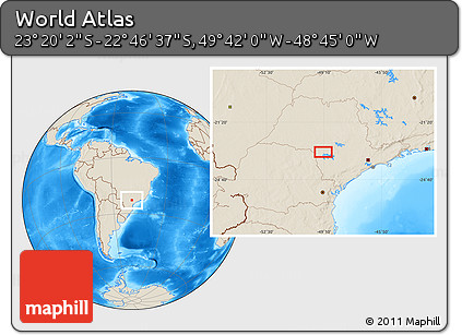 Shaded Relief Location Map of the Area around 23° 3' 19" S, 49° 13' 30" W