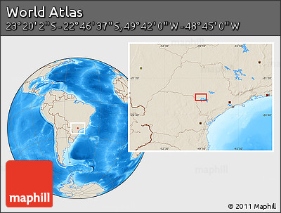 Shaded Relief Location Map of the Area around 23° 3' 19" S, 49° 13' 30" W