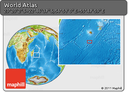 Physical Location Map of the Area around 23° 3' 19" S, 55° 19' 30" E