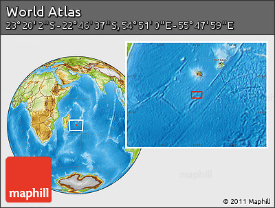 Physical Location Map of the Area around 23° 3' 19" S, 55° 19' 30" E