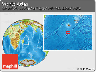 Physical Location Map of the Area around 23° 3' 19" S, 55° 19' 30" E
