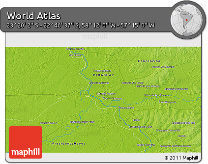 Physical 3D Map of the Area around 23° 3' 19" S, 57° 43' 30" W