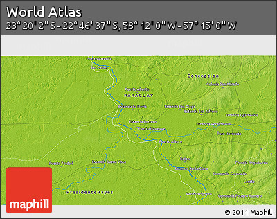 Physical 3D Map of the Area around 23° 3' 19" S, 57° 43' 30" W